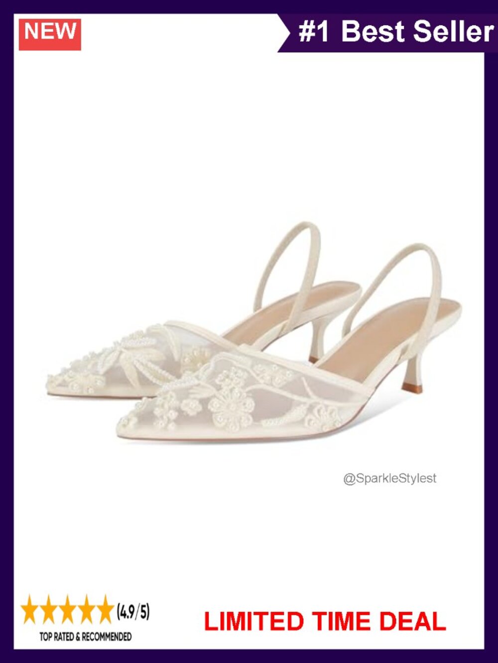 Embroidered Mesh Kitten Heel Slingback Sandals Pointed Toe Pearl Bridal Heels